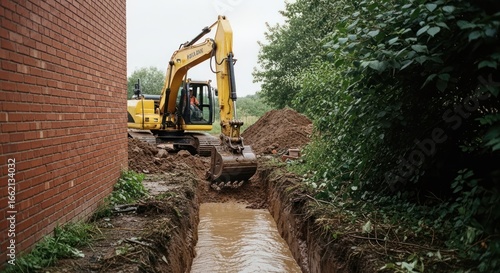 Excavator digs ditch next to brick building in lush landscape