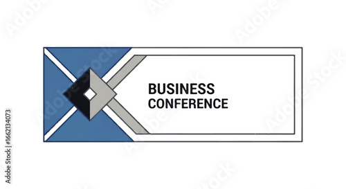 Geometric Business Conference banner with a modern blue and grey abstract diamond logo.
