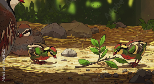 Illustrated partridge family with colorful green and red chicks foraging on the ground.