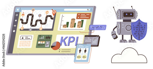 Robot holding a shield beside a KPI dashboard with charts, graphs, and data illustrations. Ideal for data security, analytics, AI, protection, cloud safety, performance visualization simple flat