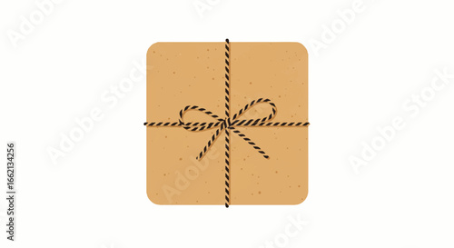 Illustrated square parcel of speckled kraft paper tied with a black and beige bakers twine bow.