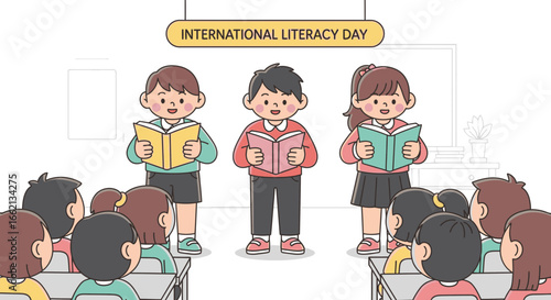Young students enthusiastically participate in a classroom reading session, celebrating the importance of education and knowledge acquisition for a brighter future