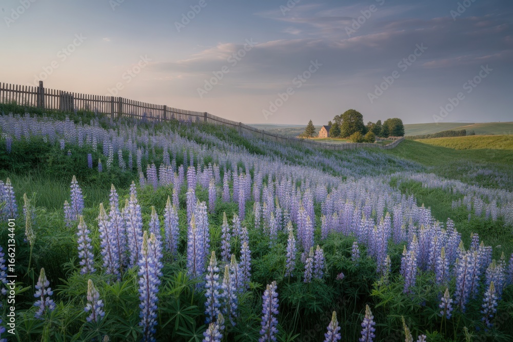 Lupine field under a soft sunset sky with distant farmhouse Lupine field under a soft sunset sky with distant farmhouse