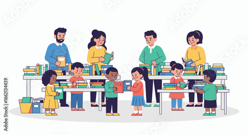 Diverse Group of Children and Adults Sorting Books at a Library or Community Event