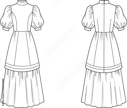 Women long puff sleeve dress front and back view, vintage fashion sketch, elegant maxi gown design template, apparel flat vector illustration
