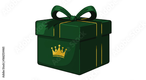 Luxurious green present box adorned with a gold crown and a tied ribbon bow.