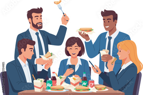 Business colleagues enjoying a casual lunch break together at a table, sharing food and drinks.