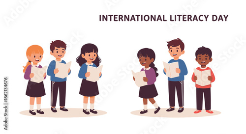 A diverse group of happy children reading books together, promoting education and knowledge for International Literacy Day.