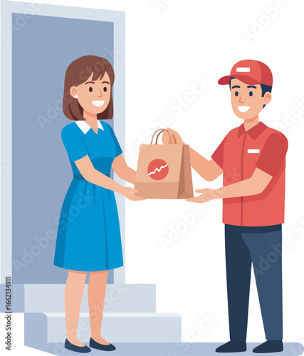 Delivery man hands a paper bag to a smiling woman at her doorstep.