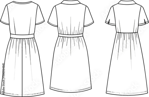 Women midi dress cad flat sketch with short sleeves, belted waist, simple collar style, gathered skirt, fashion apparel design template
