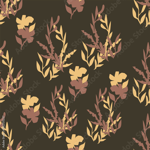 Seamless floral pattern, liberty ditsy print with cute large botany in retro folk style. Beautiful botanical design of hand drawn wild plants: flowers, leaves on black background. Vector illustration
