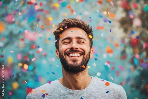 Happy man smiling with colorful confetti