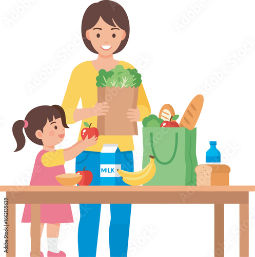 Mother and daughter unpack healthy groceries at kitchen table.