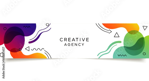Modern Creative Agency banner design with colorful abstract fluid shapes vibrant gradients and geometric line art.
