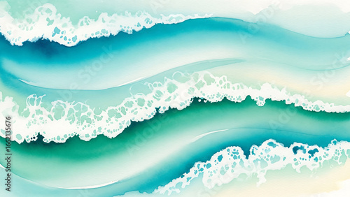 Abstract watercolor painting of ocean waves with white foam and turquoise water