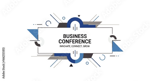 Modern geometric title card for a business conference featuring abstract blue and grey shapes and a central text frame.