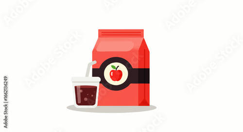 Red apple juice carton with a fruit logo next to a plastic cup of fizzy drink.