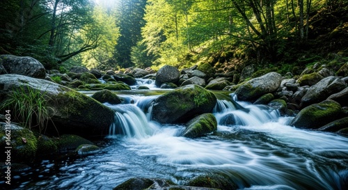 Forest stream cascades over rocks, creating blurred water motion in daylight