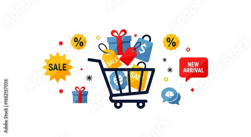 Shopping cart full of presents and bags surrounded by sale discount and new arrival icons.