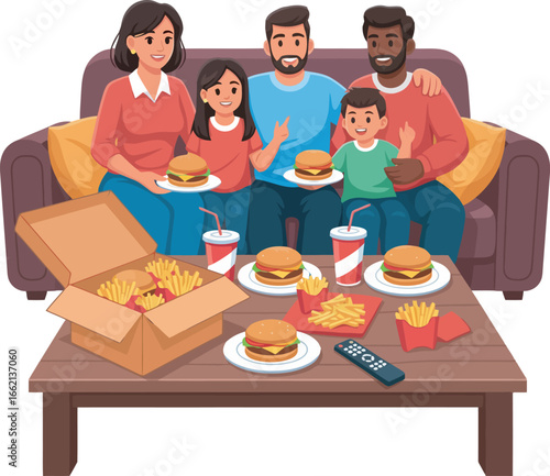 A diverse family enjoys a meal of burgers and fries on a couch, with takeout containers on a coffee table.