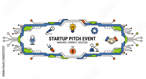 Startup Pitch Event banner with colorful tech icons and a circuit boardstyle frame.