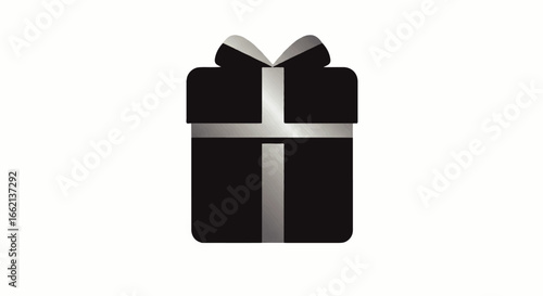 Stylish black gift box with a shiny metallic silver ribbon and bow a simple graphic icon.