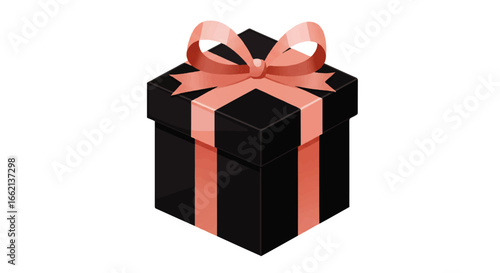 Stylish black gift box with a large pink bow presented in an isometric vector illustration.