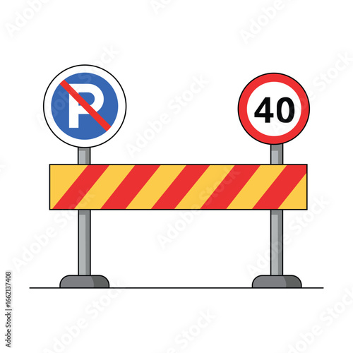 Road sign restriction warning traffic no parking and speed limit board vector illustration symbol for rules driving regulation transportation safety
