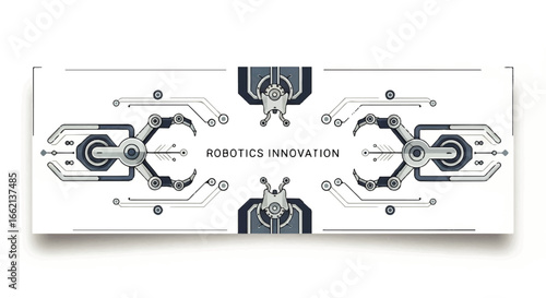 Symmetrical illustration of futuristic robotic arms and mechanical claws in a clean modern design.