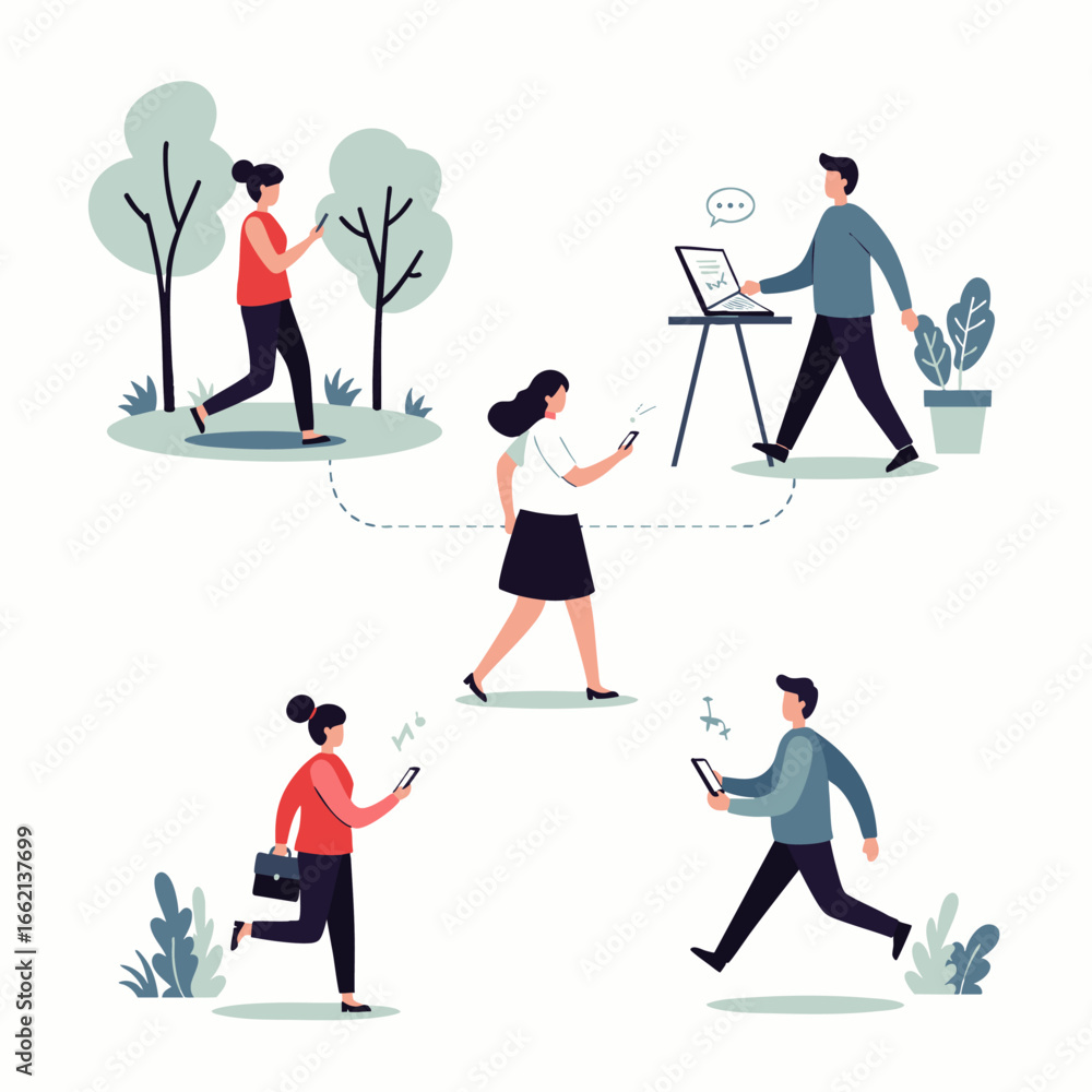 Fototapeta premium People connected through technology while engaging in everyday activities, illustrating modern communication and lifestyle.