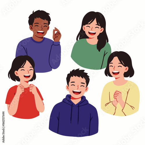 A diverse group of five smiling people sharing a moment of joy and laughter together.