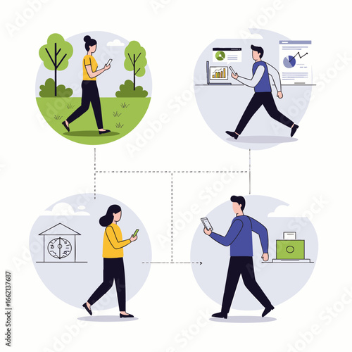 People connect and share information using mobile devices in various outdoor and indoor settings.