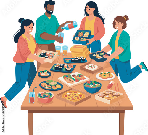 Diverse group of friends sharing a large buffet of various Asian and Italian foods.