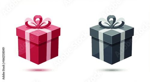 Two stylized gift boxes one pink and one bluegrey wrapped with ribbons and bows.