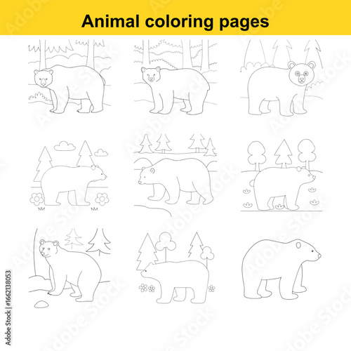 Nine outline drawings of bears in various poses and forest settings for coloring pages Keywords: bear, grizzly bear, brown bear, cub, animal