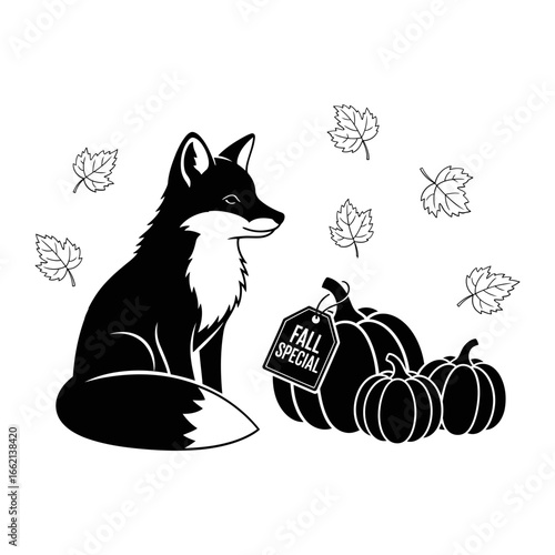Fall sales vector art of a charming fox sits beside a trio of pumpkins adorned with falling leaves vector
