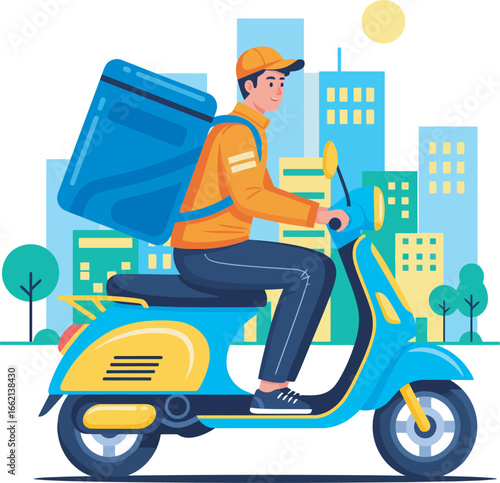 A delivery person rides a scooter through a city, carrying a food delivery bag.