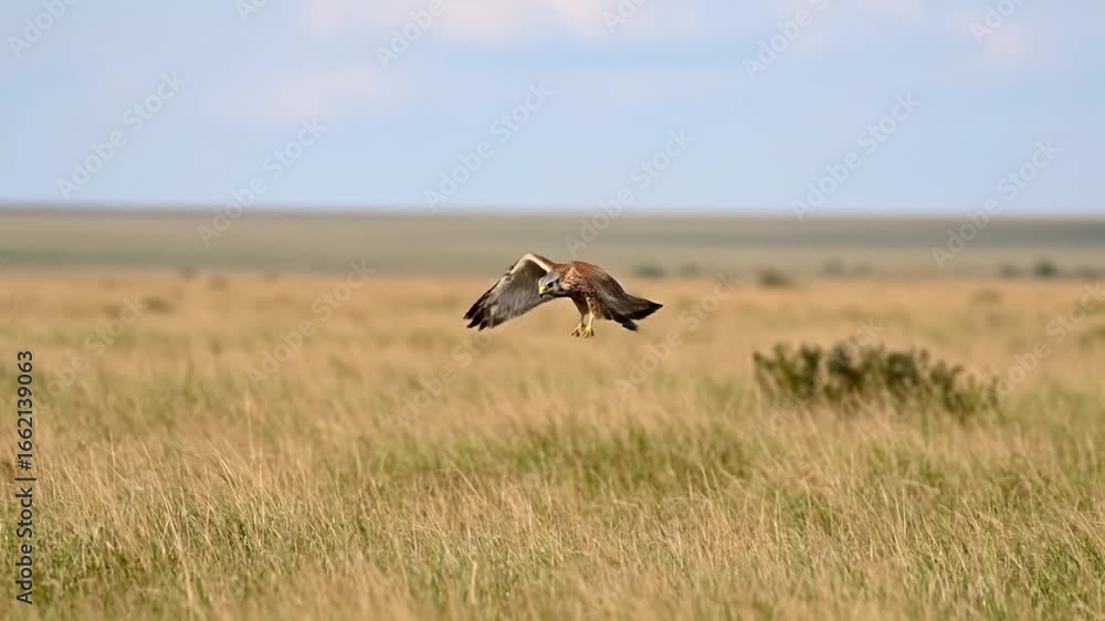 Majestic Hawk in Flight Over Expansive Grassland Landscape Majestic Hawk in Flight Over Expansive Grassland Landscape