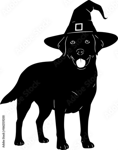 Labrador Dog in Witch Hat for Halloween vector silhouette illustration isolated on white background  