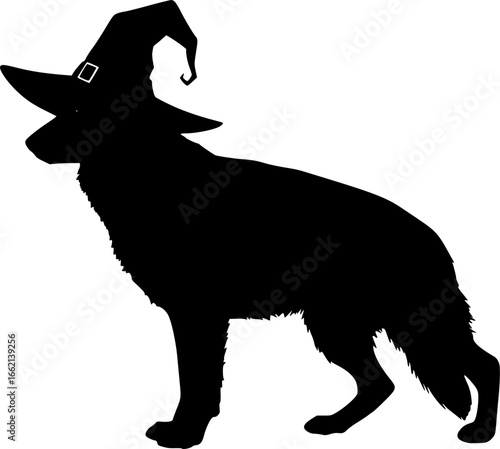German Shepherd Dog in Witch Hat for Halloween
 vector silhouette illustration isolated on white background  