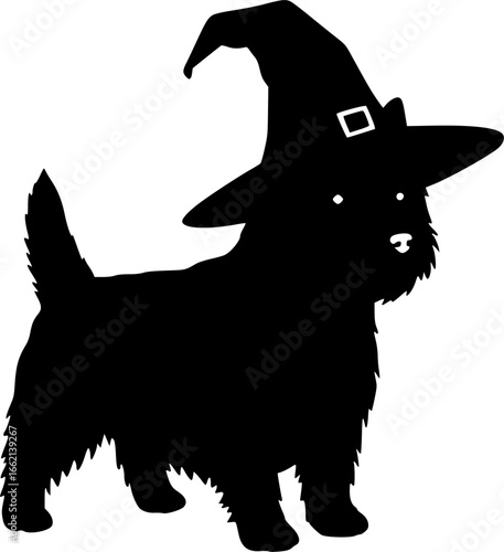 Cairn Terrier Dog in Witch Hat for Halloween vector silhouette illustration isolated on white background  