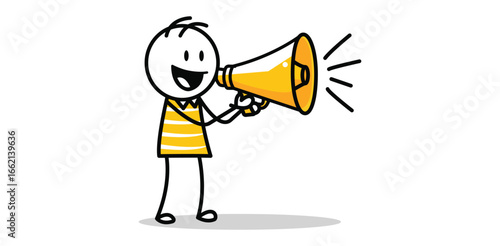 Stick figure person holding a megaphone. Public announcement or marketing concept.