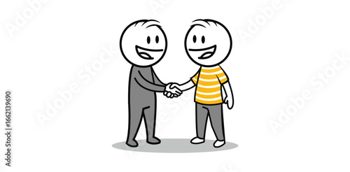 Two stick figure people shaking hands. Partnership, deal, or greeting concept.