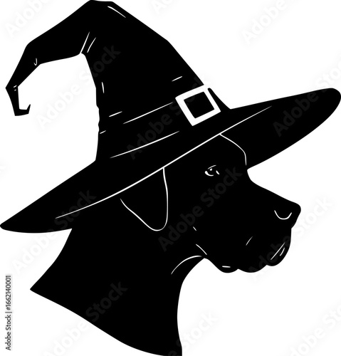 Great Dane Dog in Witch Hat for Halloween vector silhouette illustration isolated on white background  
