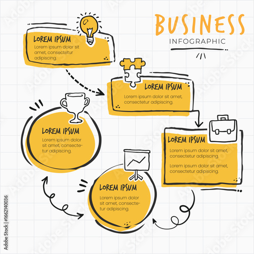 Hand Drawn Business Infographic Template with Yellow Elements and Icons