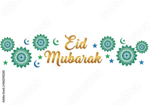 Eid Mubarak is written in gold letters on a white background