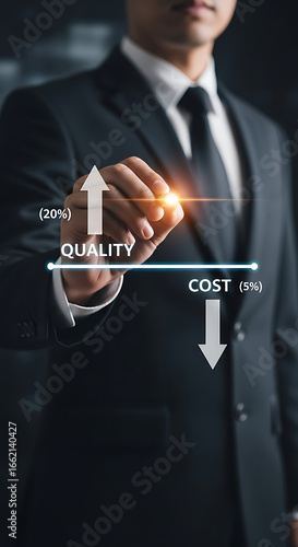 Businessman pointing to a graph showing quality increasing and cost decreasing with percentages improvement