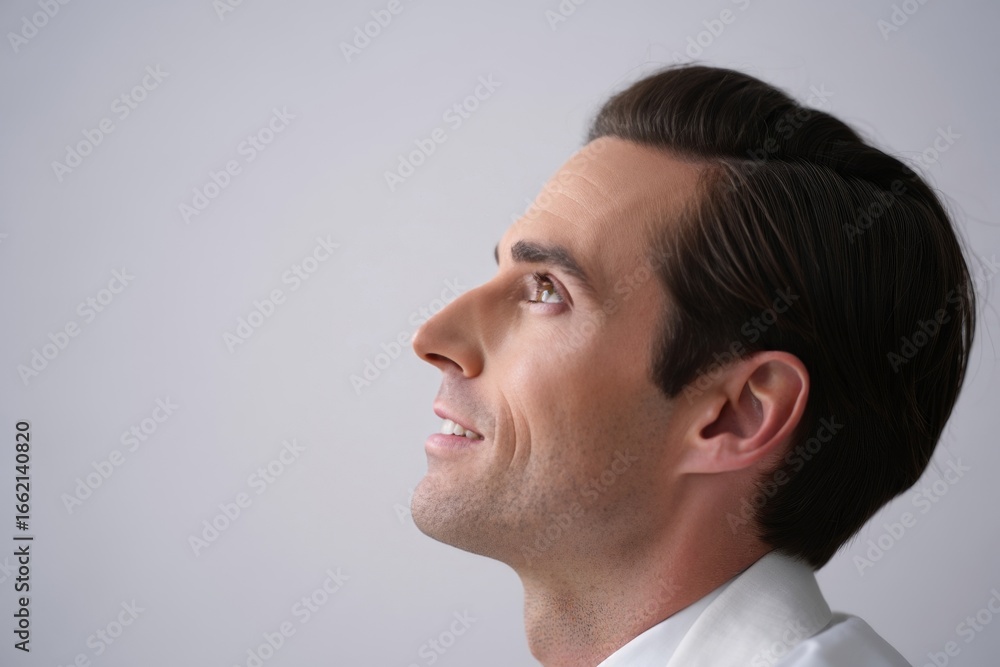 Fototapeta premium Profile view of a man with dark hair looking upwards against a plain light background area