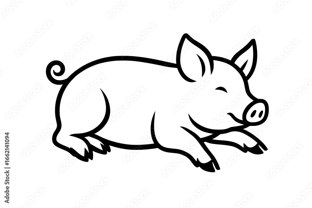Obraz premium A cheerful piglet icon, rendered in a simple black and white outline, embodying cuteness and farm life. The graphic celebrates the simple joys of a rural existence. vector illustration
