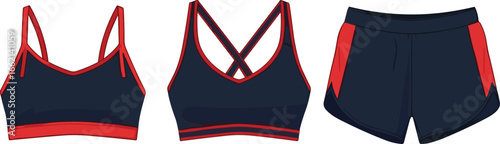 Women sportswear cad flat sketch, fashion vector design, sports bra with cross back, shorts activewear, gym outfit, workout clothing, fitness apparel